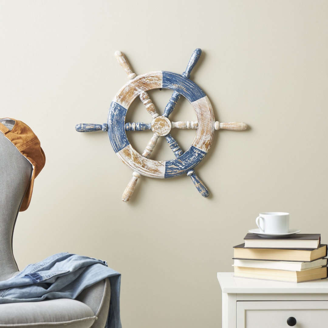 Two-Toned Ship Wheel On Wood Textual Art Breakwater Bay