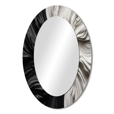 Black White Marbled Dreamscape IV - Abstract Oval Decorative Mirror On Metal
