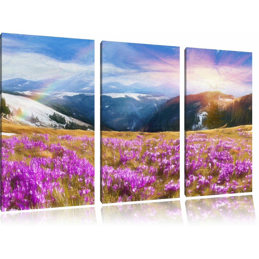 3-tlg. Leinwandbilder-Set „Schneebedeckte Berglandschaft mit Regenbogen und blühenden Krokussen“, Grafikdruck