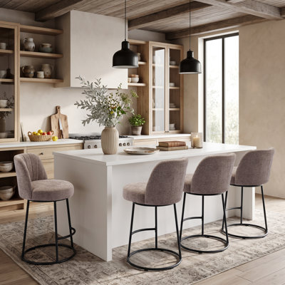 Modern Channel Tufted Swivel Bar Stool, Chenille Upholstery, Matte Black Base, Set of 2