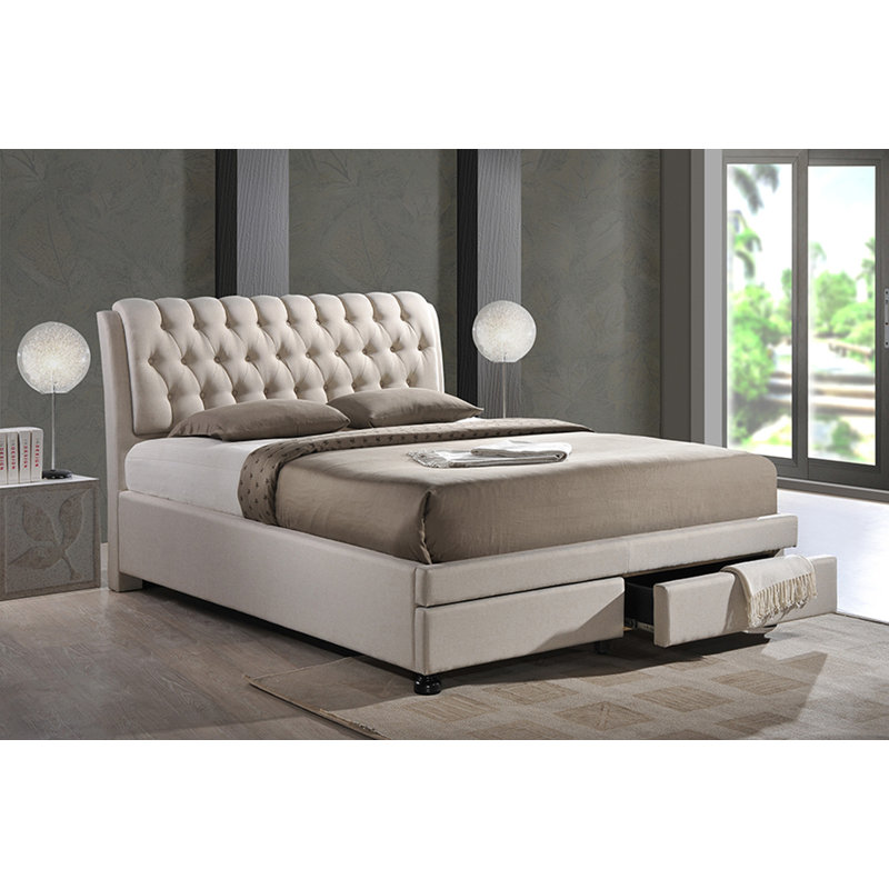 Lit plateforme tapissier avec rangement Melwin, Grand, Beige clair