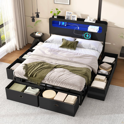 Full Size Bed Frame with 2-Tier Storage & LED Light Headboard, Charging Station, USB Port & Type C, with 8 Fabric Underbed Storeage Drawers, No Box Spring Needed, Black