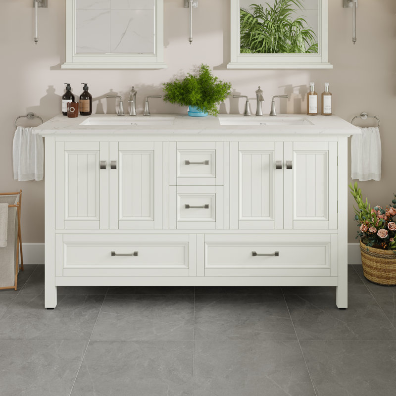 Meuble-lavabo double en porcelaine encastrable l 60 po x P 22 po Glebs, Quartz - blanc de Carrare, Blanc