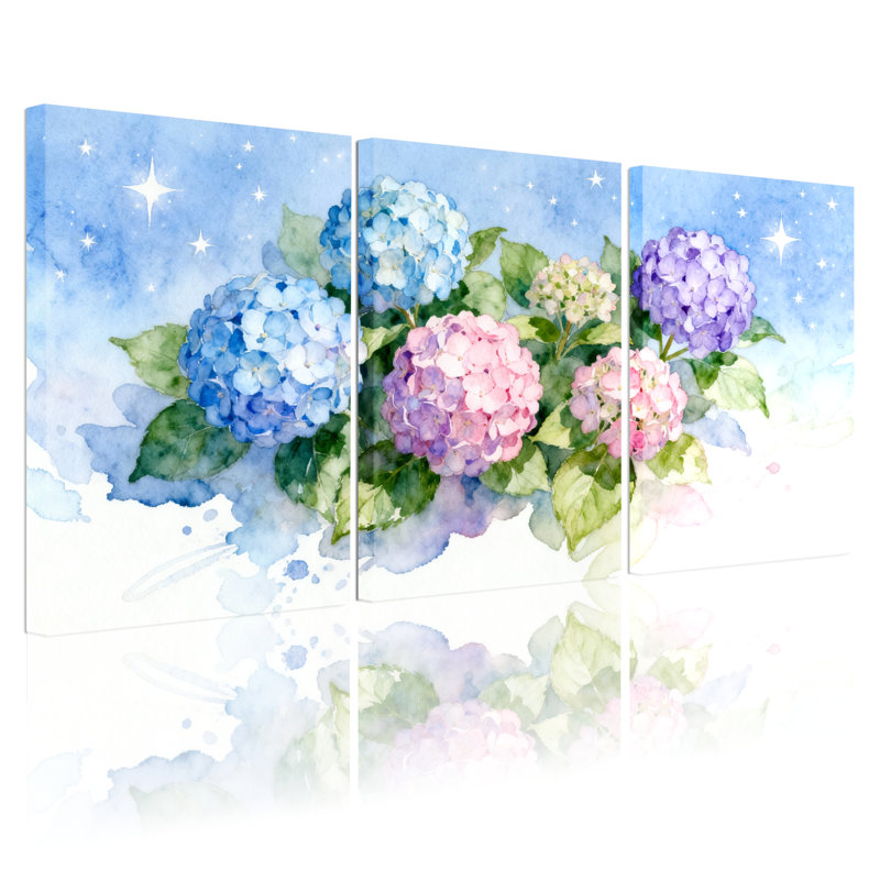 Aquarelle, fleurs d'hortensia, impression sur toile, ensemble floral (ensemble de 3), H 24 po x l 48 po