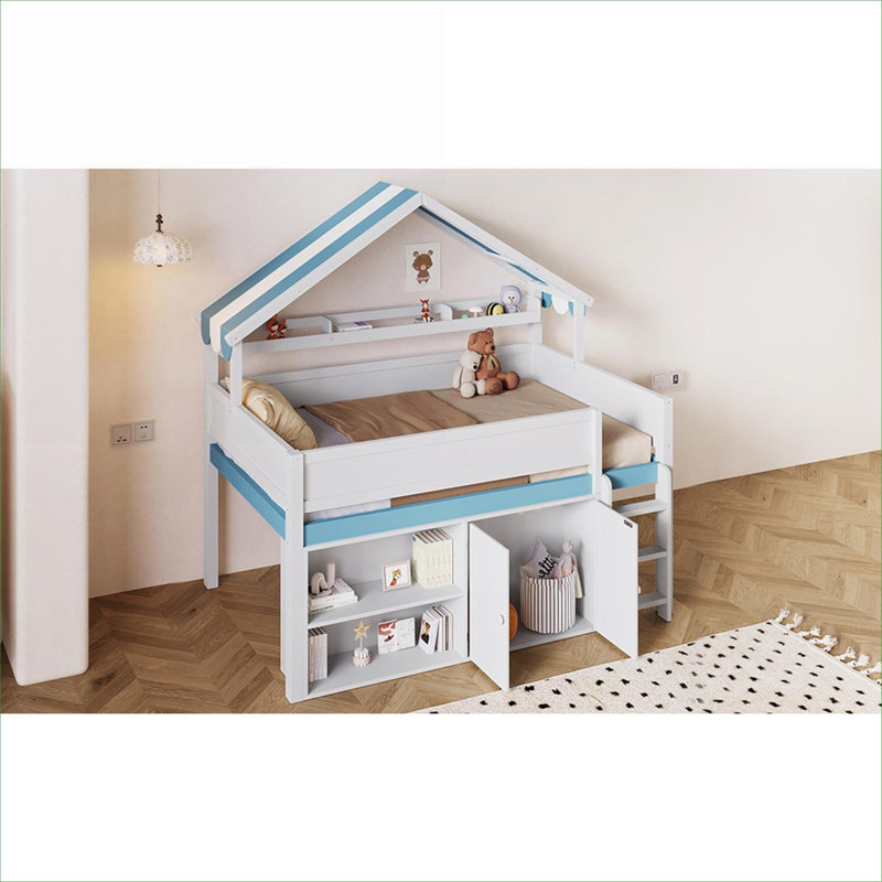 Lit mezzanine double en bois massif avec rangement inspiré de la maison avec rangement intégré sous le lit, blanc éclatant