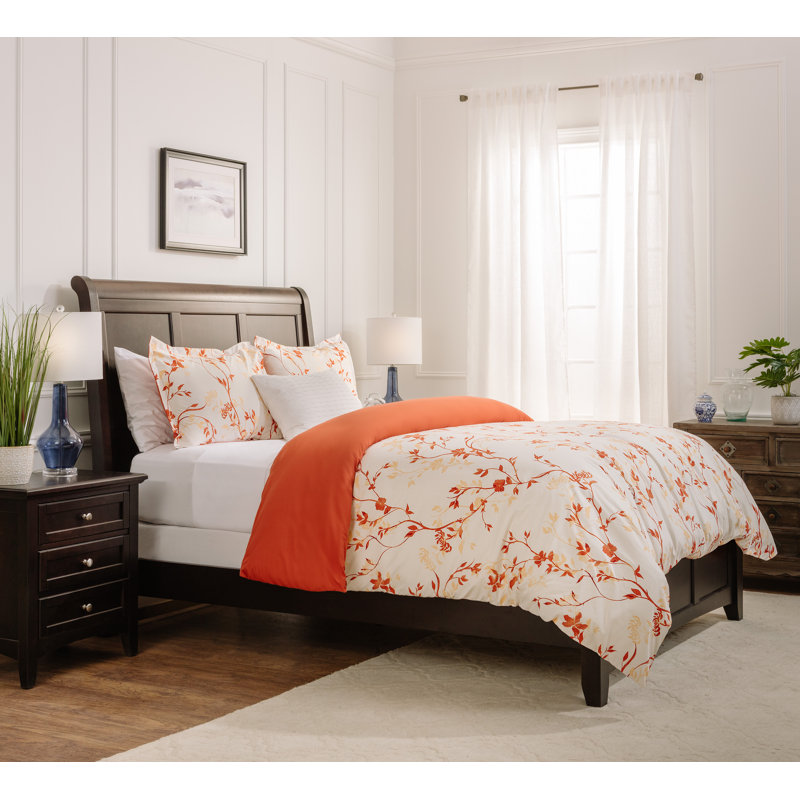 Twin Orange Floral Print Reversible Microfiber Duvet Cover Set