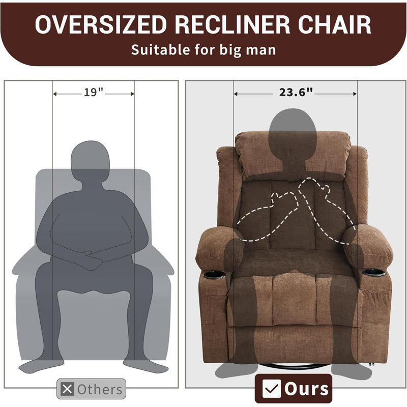 Fauteuil inclinable, chaises berçantes avec massage et chaleur, poches latérales et porte-gobelet, Brun