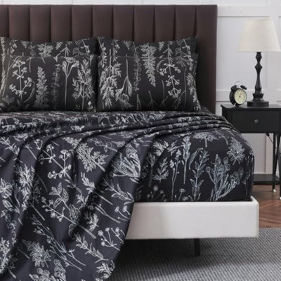 6 Piece Queen Bed Sheets Set, Floral Sheets Black Patterned Sheets Deep Pocket up to 18 inches