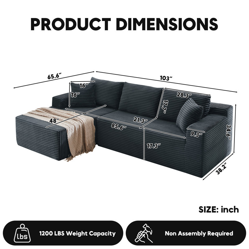 Boneless Modular Sectional Sofa, Cloud Couch, Gray, Left Hand Facing