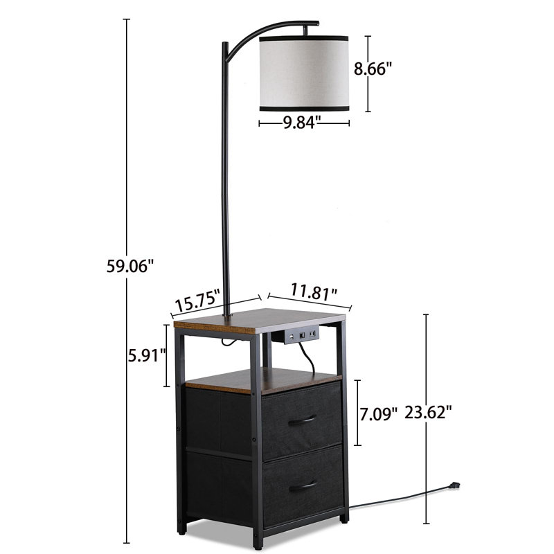 Modern Nightstand Lamp With Drawers, USB Ports, And AC Outlet, Versatile Bedside Table, Black/Walnut