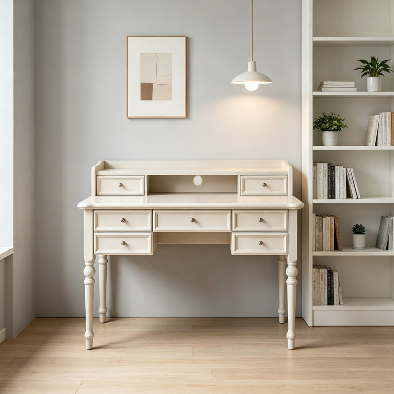 Bureau d'ordinateur en bois de pin crème à 7 tiroirs, H 37,4 po x l 39,37 po x P 23,62 po