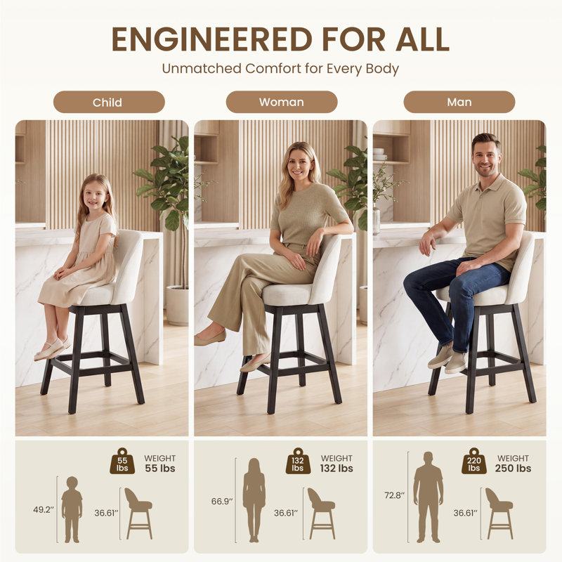 Waldwick Swivel Upholstered Counter Stool with Solid Wood Frame, Beige