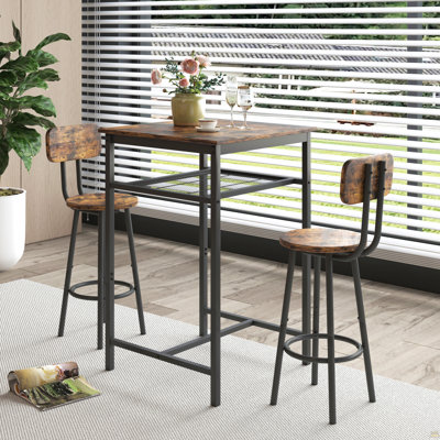 Table de bar, équipée de 2 tabourets de bar, avec dossier et cloison (brun rustique)