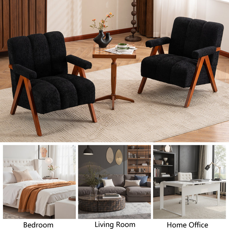 Mid Century Modern Accent Chair, Chenille Armchair With Solid Wood Legs, Channel Tufted Comfy Reading Chair For Living Room