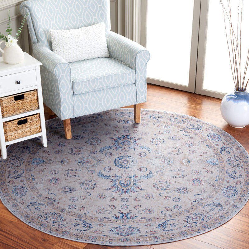 Cvjatko Oriental Machine Woven Polyester Area Rug in Ivory/Blue, Round 6'