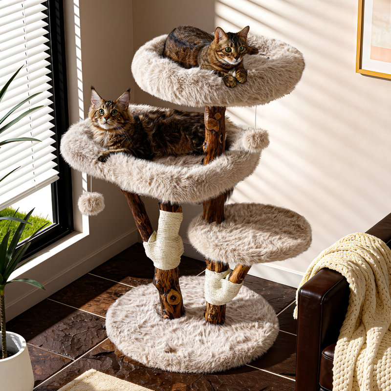 Arbre à chat en bois massif Artisan avec fausse fourrure de renard de luxe, Beige