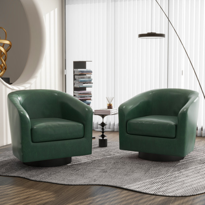 Applewold Upholstered Green Faux Leather Swivel Barrel Chair with Solid Wood Base, Green Faux Leather