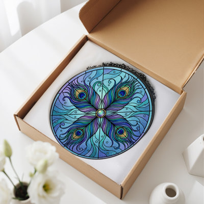 Peacock Feather Stained Glass Window Panel，7.8H