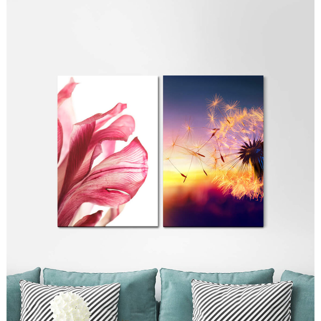 2-tlg. Leinwandbilder-Set - Grafikdruck „Blowball Flowers Summer Sunset Blossom Red Evening Red”