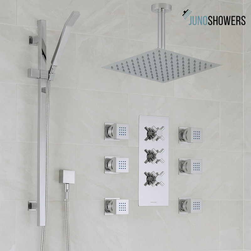 Système de douche thermostatique en acier inoxydable avec pomme de douche, jets de corps et douchette