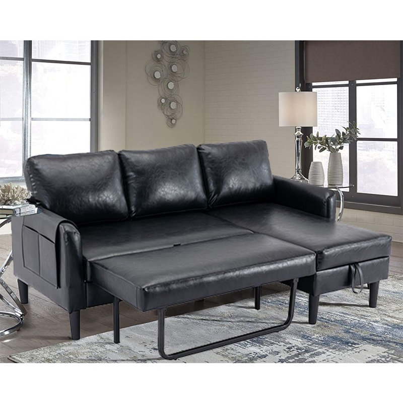 Canapé-lit et chaise longue réversible en similicuir Margretha, Similicuir noir