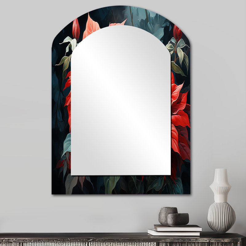 Red Black Poinsettia Flower Fusion - Poinsettias Arch Wall Mirror, Coral Asymmetrical Decorative Mirror, Printed Metal Art