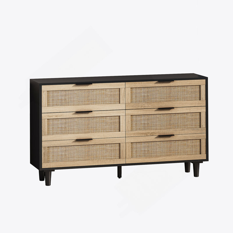 Armoire de rangement en rotin à 6 tiroirs avec tiroir, pour chambre à coucher et salon, Noir