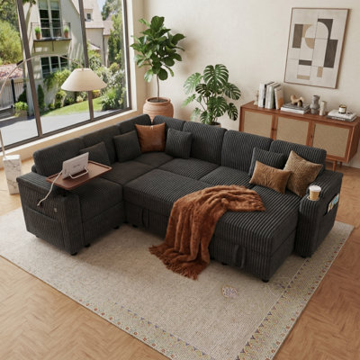 100" Wide Chenille U-Shaped Sleeper Sectional with Storage, USB Ports and Drop-Down Console