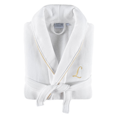 Linum Home Textiles 100% Turkish Cotton Personalized Unisex Waffle Terry Bathrobe White With Gold Satin Piping