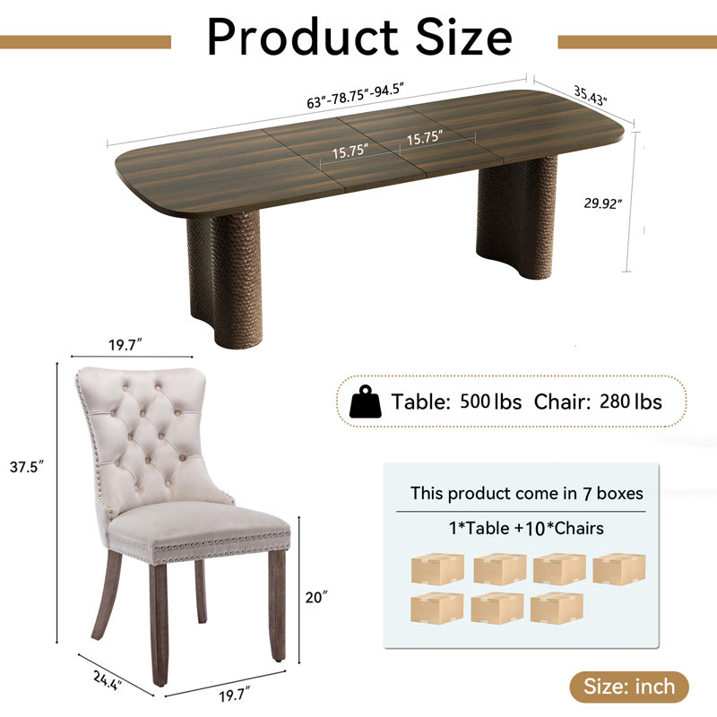 Ensemble de salle à manger ovale extensible 11 pièces pour 10 personnes, table de cuisine de style campagnard de 63" à 95" avec base incurvée martelée et 10 chaises capitonnées en velours