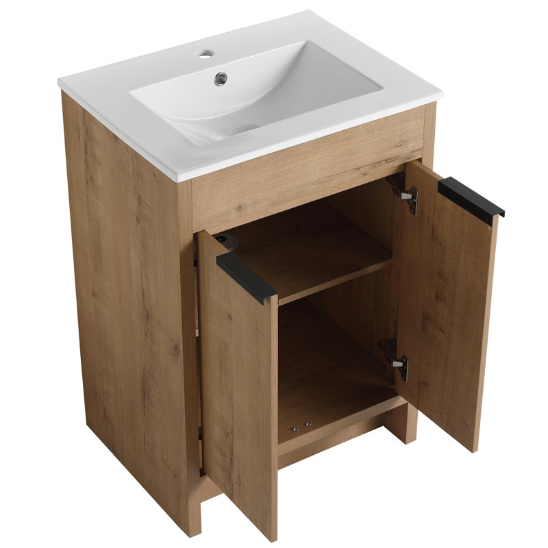 Bathroom Vanity With Ceramic Basin. 24" Freestanding. 2 Soft-Close Doors. Plywood. Modern Style White Sink. Cabinet Plywood Material. Decor