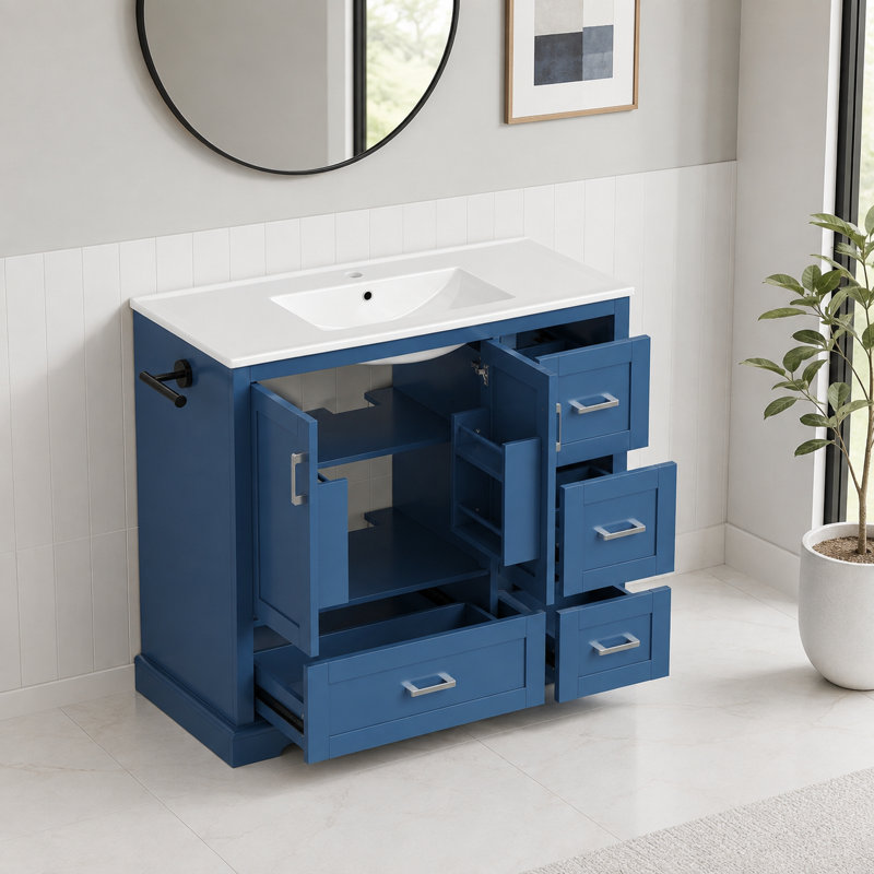 Meuble-lavabo 4 tiroirs avec porte-serviettes Heywood, Marine