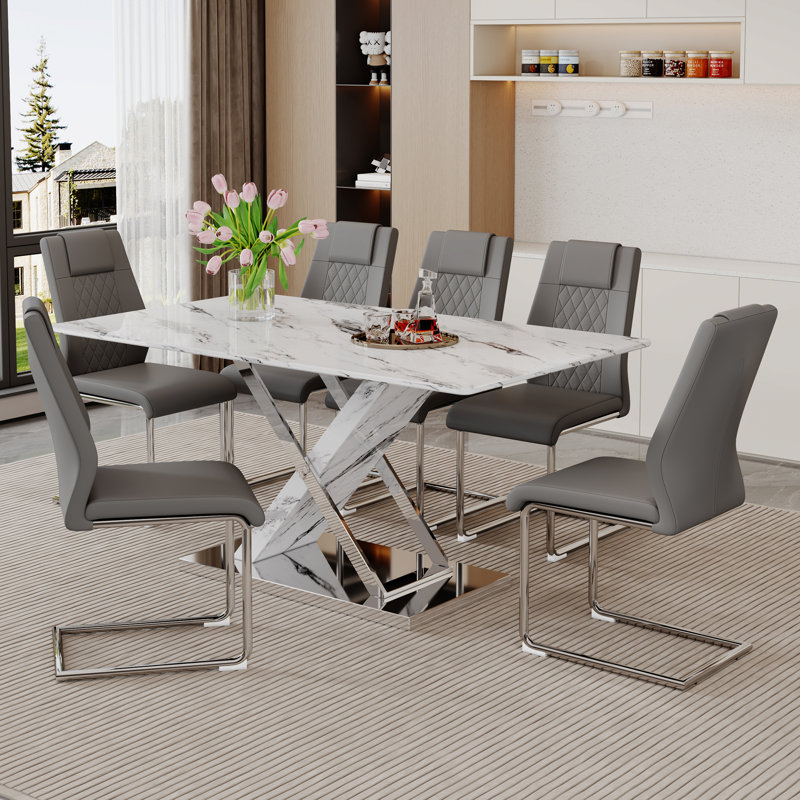 Lenorris 63'' L Imitation Marble Cross Leg Frame Silver Metal Base Dining Table Set, Gray