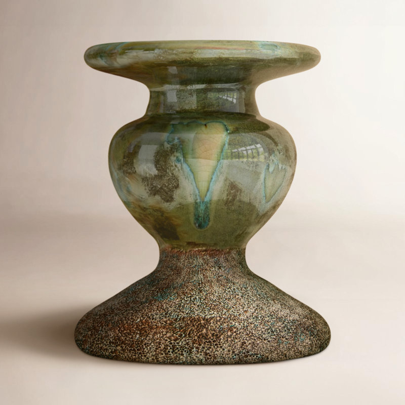 Waikiki Earthenware Tabletop Candlestick, Distressed Green, 5.3" H x 4.5" W x x 4.5" D