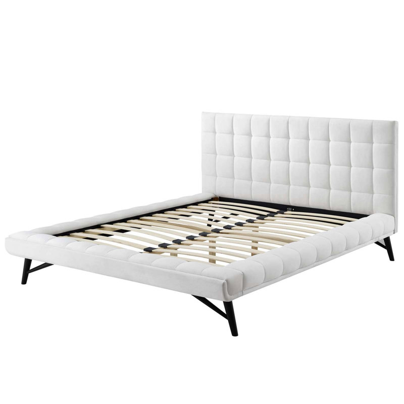 Julia Queen Biscuit Tufted Upholstered Fabric Platform Bed, White