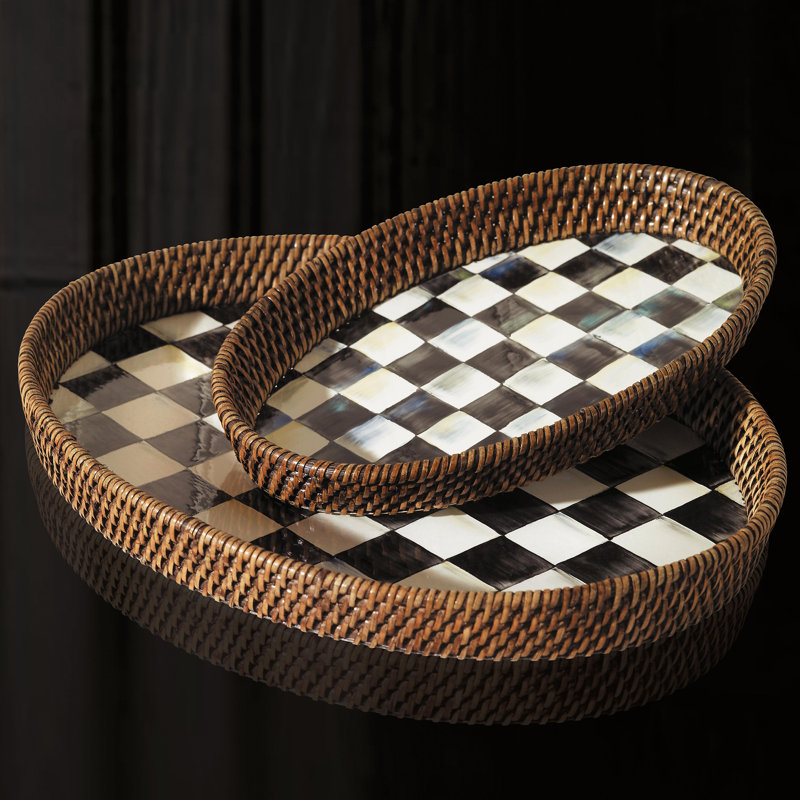Large Black and White Checkered Rattan Serving Tray