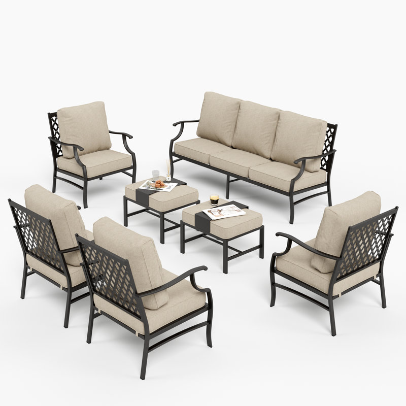 Ensemble de conversation de patio 7 pièces en métal avec canapé, chaises et repose-pieds, Beige