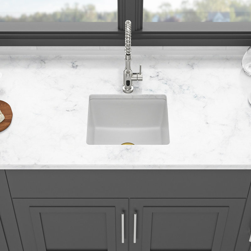 White Quartz Kitchen Sink 17.39"X15.64" - Undermount With High End Material, Quiet And Non Porous, Rounded Corners, Standard Drain, Package Grid Template Thick Smooth Composite, Operation, Comes