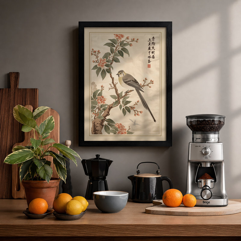 Bird Among Blossoms Japandi - Framed Print, A3 - 42.0 x 29.7 cm, Black
