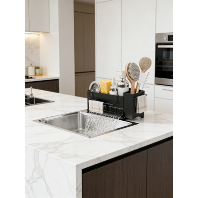Kitchen Sink Organizer With Auto-Drain System, Rustproof Sponge And Brush Holder For Countertop Space Saving And Storage