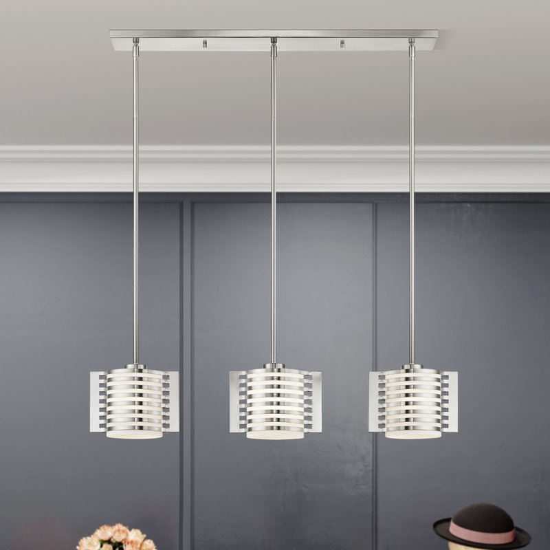 Luminaire suspendu linéaire à 3 lumières pour îlot de cuisine Charlidh, Nickel brossé