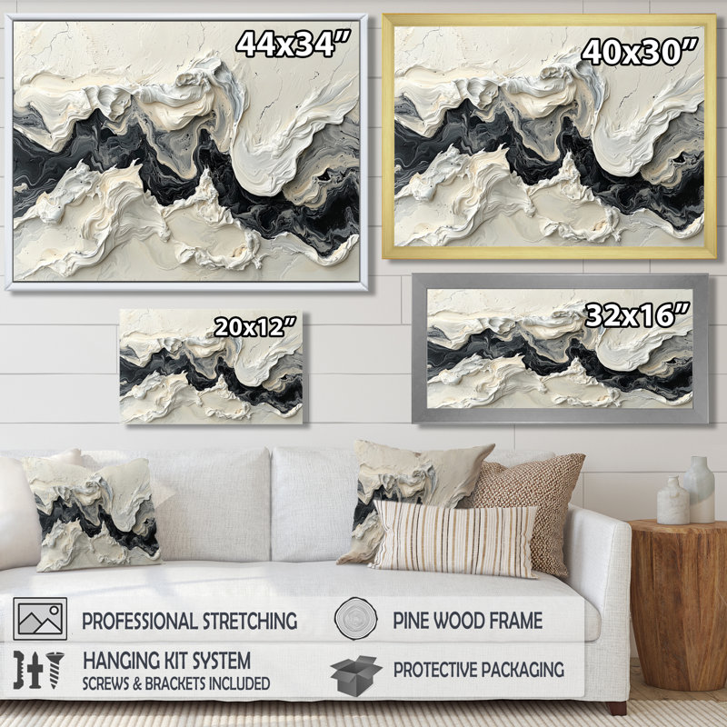 Marbre moderne, transfert de l'encre monochrome V - art mural abstrait en marbre, H 30 po x l 40 po, Cadre flottant