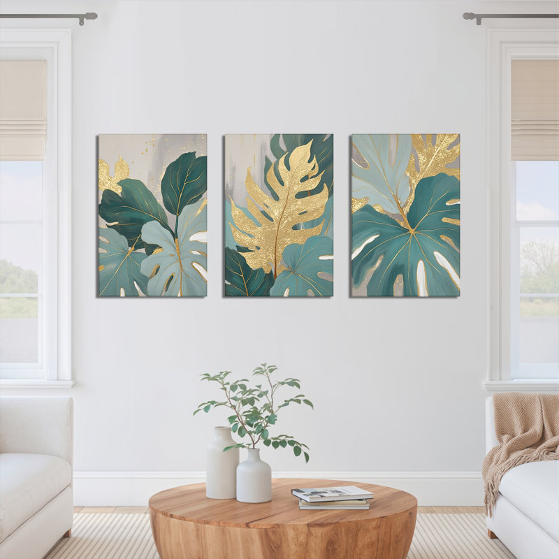 Or et sarcelle, feuille de Monstera, impression sur toile, ensemble botanique moderne (ensemble de 3), H 36 po x l 72 po