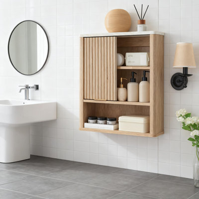 Modern Fluted Sliding Door Bathroom Wall Cabinet With Faux Marble Top, Adjustable Shelf And Curved Design Wall Mounted Storage Organizer