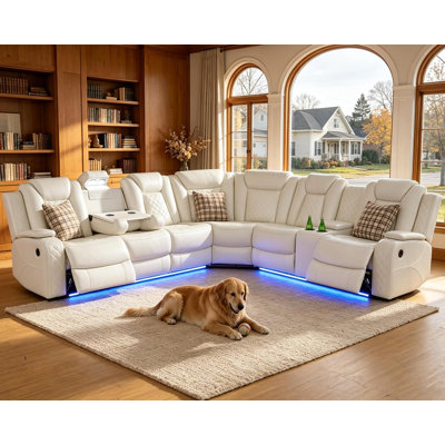 Canapé d'angle de cinéma maison inclinable électrique en cuir respirant 3 pièces (53 cm) avec chargeurs sans fil et éclairage DEL