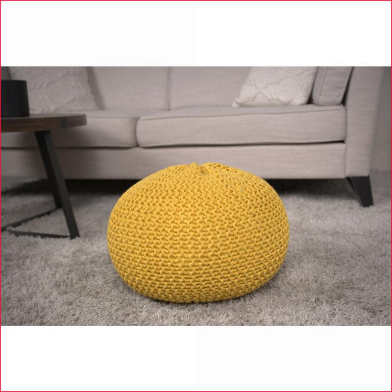 Ottoman | Knitted Cotton Round Pouf for Living Room &amp; Bedroom | Lemon Yellow | Cotton, Yellow