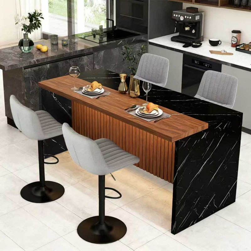 Table de salle à manger moderne avec 4 tabourets de bar, éclairage à DEL pour la cuisine et la salle à manger, Noir/noyer