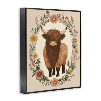 Cutesy Floral Highland Cow Framed Giclee, design by Petal Prints Design