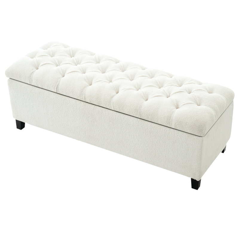 Rangement avec surface bouclée blanche, pieds en bois d'hévéa, capacité de 300 lb, charnières à fermeture douce, idéal pour le rangement de banc de décoration de chambre à coucher, finition, capitonnage,