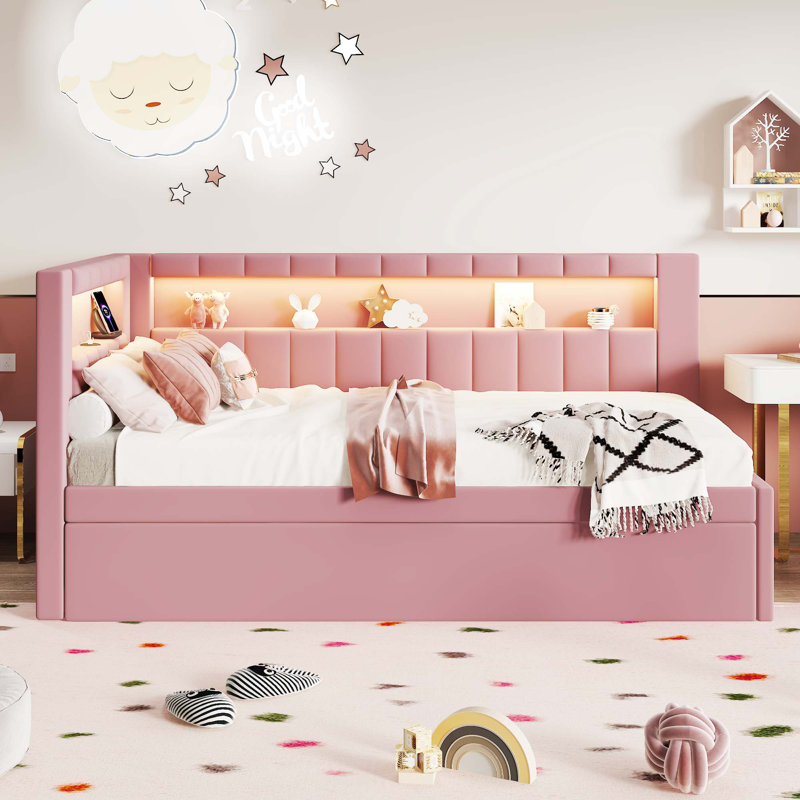 Lit plateforme tapissier simple avec ports USB et ceinture à DEL, avec lit gigogne, Rose